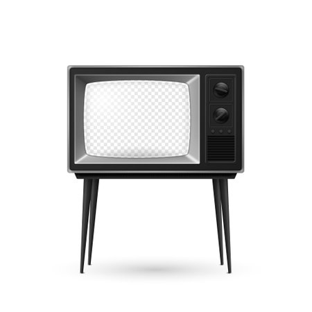 Vector 3d Realistic Retro TV Receiver with Transparent Screen Isolated on White Background. Home Interior Design Concept. Vintage TV Set, Television, Front Viewのイラスト素材