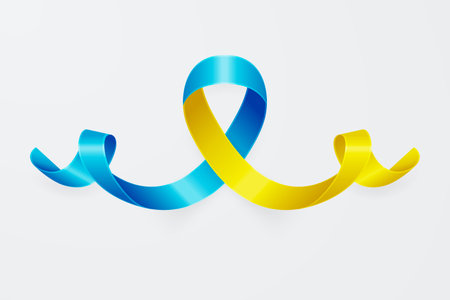 Vector 3d Realistic Yellow and Blue Ribbon Icon Closeup Isolated on White Background. Support for Ukraine Symbo Clipart. Design Template for Anti War Call, Peace, Struggle, Protestのイラスト素材