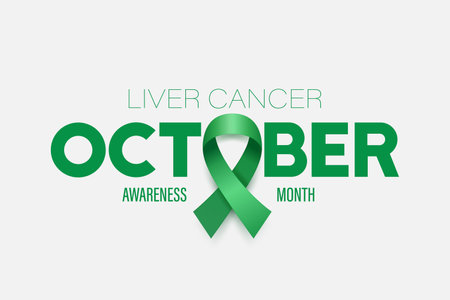 October. Liver Cancer Banner, Card, Placard with Vector 3d Realistic Emerald Green Ribbon on White Background. Liver Cancer Awareness Month Symbol Closeup. World Liver Cancer Day Conceptのイラスト素材