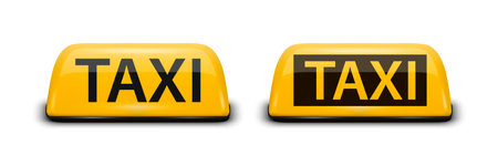 Vector 3d Realistic Taxi Car Roof Sign Icon Set Closeup Isolated.Yellow French Taxi Sign, Design Template for Taxi Service, Mockup. Front Viewのイラスト素材