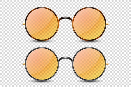 Vector 3d Realistic Leopard, Black Round Frame Glasses Set with Orange Transparent Glass Isolated, Eyeglasses for Women and Men, Accessory. Optics, Lens, Vintage, Trendy Glasses. Front Viewのイラスト素材