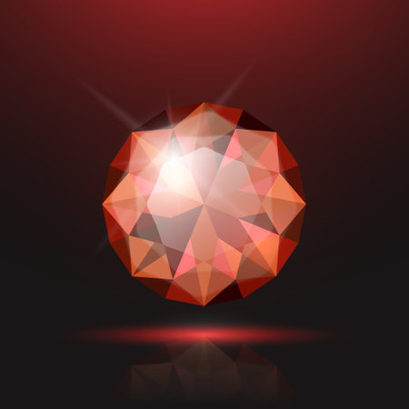 Vector 3d Realistic Red Transparent Round Glowing Gemstone, Diamond, Crystal, Rhinestone Closeup on Black Background. Jewerly Concept. Design Template, Bannerのイラスト素材