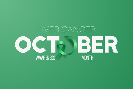 October. Liver Cancer Banner, Card, Placard with Vector 3d Realistic Emerald Green Ribbon on Green Background. Liver Cancer Awareness Month Symbol Closeup. World Liver Cancer Day Conceptのイラスト素材