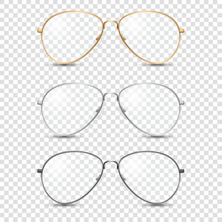 Vector 3d Realistic Round Frame Glasses Set with Colorless Clear Transparent Glass isolated, Transparent Sunglasses for Women and Men, Accessory. Optics, Lens, Vintage, Trendy Glasses. Front Viewのイラスト素材