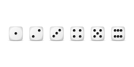 Vector 3d Realistic White Game Dice Icon Set Closeup Isolated. Game Cubes for Gambling, Casino Dices From One to Six Dots, Round Edgesのイラスト素材