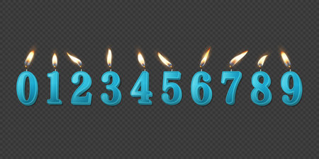 Vector 3d Realistic Paraffin or Wax Burning Blue Birthday Party Candles, Numbers and Different Flame of a Candle Icon Set Isolated. Design Template, Clipart, Birthday Concept. Top Viewのイラスト素材