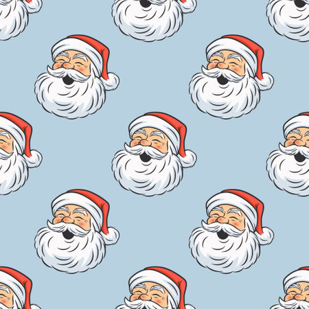 Vector Seamless Pattern - Cute Funny Smiling Santa Claus on Blue. Design Template for Holiday Merry Christmas, Happy New Year Greeting Cards, Banners, Textile, Wallpapers, Fabrics, Packaging, Wrappingのイラスト素材