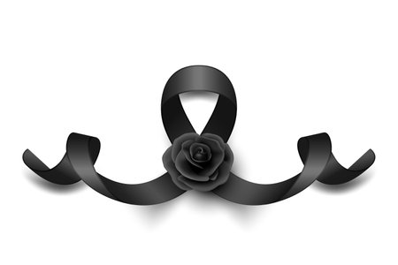 Vector Black Silk Ribbon with Black Rose. Design Template for Funeral Card, Banner, Invitation. Black Awareness Ribbon Isolated on White Background, Icon for Pray, Mourning Symbolのイラスト素材