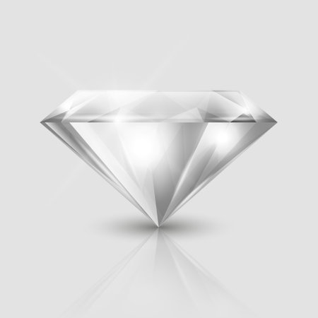 Vector 3d Realistic White Transparent Triangular Glowing Gemstone, Diamond, Crystal, Rhinestone Closeup on White Background with Reflection. Jewerly Concept. Design Template, Bannerのイラスト素材