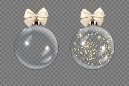 Vector Realistic 3d Transparent Christmas Glass Ball Set with Golden Glitter Closeup Isolated. Design Template of Xmas and New Year Tree Toy Decoration Ball for Mockup. Front Viewのイラスト素材