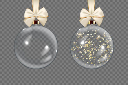 Vector Realistic 3d Transparent Christmas Glass Ball Set with Golden Glitter Closeup Isolated. Design Template of Xmas and New Year Tree Toy Decoration Ball for Mockup. Front Viewのイラスト素材
