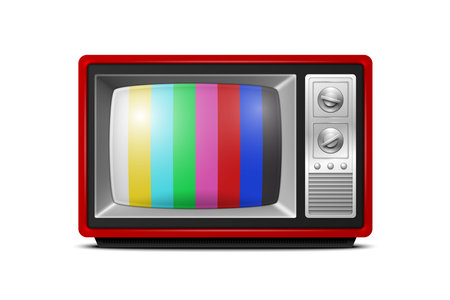 Vector 3d Realistic Red Retro Striped Screen TV Receiver Isolated on White Background. Home Interior Design Concept. Vintage TV Set, Television, Front Viewのイラスト素材
