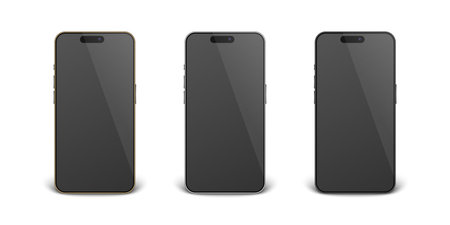 Vector 3d Realistic Golden, Black, Gray Steel Modern Smartphone Design Template Set Closeup Isolated. Mobile Phone Mockup. Telephone Device UI UX, Phone in Front Viewのイラスト素材