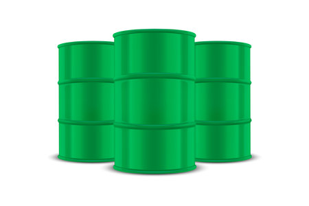 Vector 3d Realistic Three Green Barrels, Hazard Liquid. Caution Barrel, Radioactive, Hazardous Chemical Materials, Toxic Pollution, Many Danger Barrels, Set Closeup Isolated. Front Viewのイラスト素材
