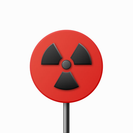 Vector Red Warning, Danger Nuclear Sign, Black Sign, Icon Isolated. Radioactive Warning Symbol. Circle, Round Dangerous Sign. Design Template. Front Viewのイラスト素材