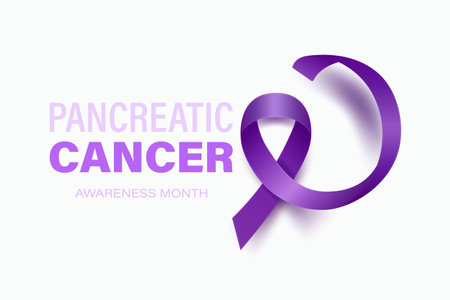 Pancreatic Cancer Banner, Card, Placard with Vector 3d Realistic Purple Ribbon on White Background. Pancreatic Cancer Awareness Month Symbol Closeup. World Pancreatic Cancer Day Conceptのイラスト素材