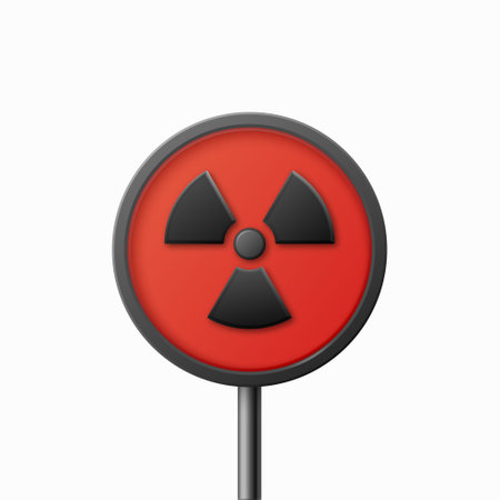 Vector Red Warning, Danger Nuclear Sign, Black Sign, Icon Isolated. Radioactive Warning Symbol. Circle, Round Dangerous Sign. Design Template. Front Viewのイラスト素材