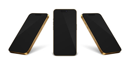 Vector 3d Realistic Golden Modern Smartphone Design Template Set Closeup Isolated on White Background. Mobile Phone Mockup. Telephone Device UI UX, Phone in Front, Half Turn Viewのイラスト素材