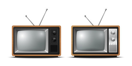 Vector 3d Realistic Brown Wooden Retro TV Receiver Isolated Icon Set Closeup Isolated on White Background. Home Interior Design Concept. Vintage TV Set, Television, Front Viewのイラスト素材