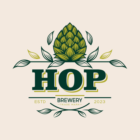 Vector Typography Design with Green Hand Drawn Cartoon Hop and Leaves. Emblem for Logo, Print. Label in Retro, Vintage Style. Hop with Outlineのイラスト素材