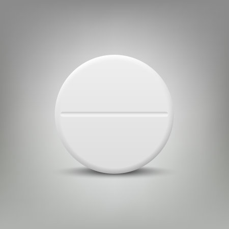 Vector 3d Realistic White Round Pharmaceutical Medical Pill, Capsule, Tablet Isolated. Pill in Front View. Simple Standart Pill, Medical Conceptのイラスト素材
