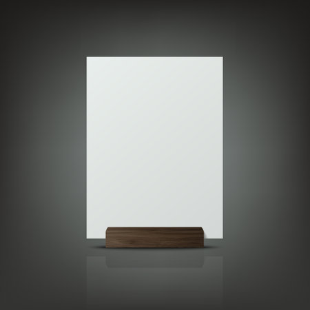 Vector 3d Realistic White A4 Empty Blank Paper Sheet, Card on Wooden Holder, Stand Icon Closeup. Design Template for Mockup, Menu Frame, Booklets. Acrylic Tent Card. Front, Side Viewのイラスト素材