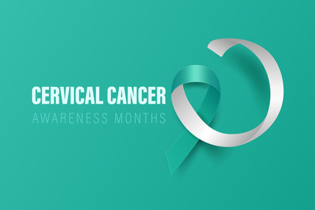 Cervical Cancer Banner, Card, Placard with Vector 3d Realistic Teal and White Ribbon on Teal Background. Cervical Cancer Awareness Month Symbol Closeup. World Cervical Cancer Day Conceptのイラスト素材