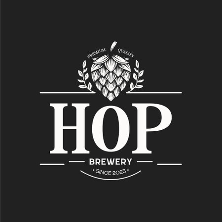 Vector Typography Design with Green Hand Drawn Cartoon Hop and Leaves. Emblem for  Print. Label in Retro, Vintage Style. Hop with Outlineのイラスト素材