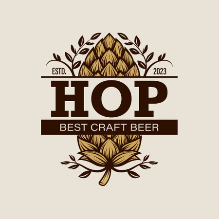 Vector Typography Design with Green Hand Drawn Cartoon Hop and Leaves. Emblem for Logo, Print. Label in Retro, Vintage Style. Hop with Outlineのイラスト素材