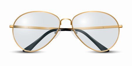 Vector 3d Realistic Modern Unisex Frame Glasses. Golden Metal Color Frame.Transparent Sunglasses for Women and Men, Accessory. Optics, Lens, Vintage, Trendy Glasses. Front Viewのイラスト素材