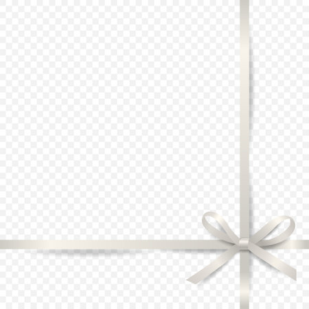 Vector 3d Realistic White Gift Ribbon and Bow Closeup Isolated. Bow Design Template, Background for Birthday, Christmas Presents, Gifts, Invitation, Card, Gift Box. Holiday Decorationのイラスト素材