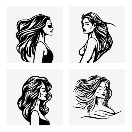 Black and White Beautiful Girl, Young Woman Portrait. Attractive Woman Design Template Set. Beautiful Model Face and Long Hair. Beauty Portrait of Summer Girl, Surf Womans Face. Vector Illustrationのイラスト素材