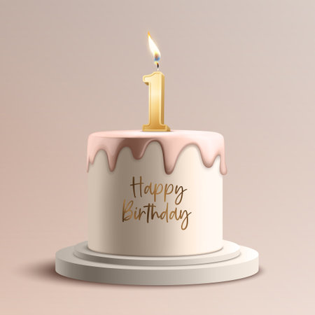 One Year. Vector Birthday Anniversary Sweet Cake. Greeting Card, Banner with 3d Realistic Burning Golden Birthday Party Candle, Number, Flame. Icon Design Template for Birthday Concept. Front Viewのイラスト素材