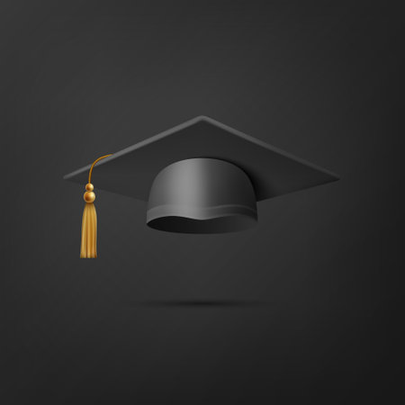 Vector 3d Realistic Black Graduate College, High School, University Black Cap Icon Closeup Isolated on Black Background. Vector Degree Ceremony Hat. Educational Student Symbol, Hat. Front Viewのイラスト素材