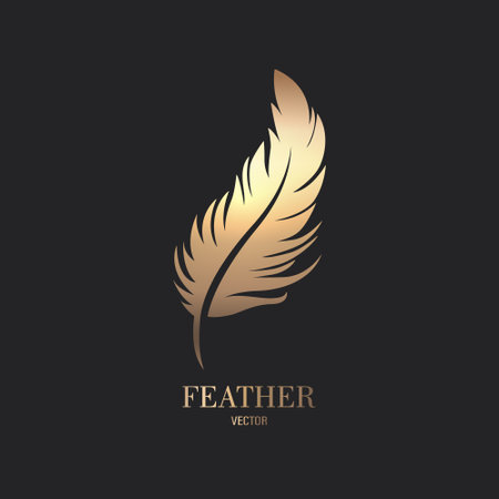 Vector Fluffy Golden Color Feather Logo Icon, Silhouette Feather Closeup Isolated. Design Template of Flamingo, Angel, Bird Feather. Lightness, Freedom Conceptのイラスト素材
