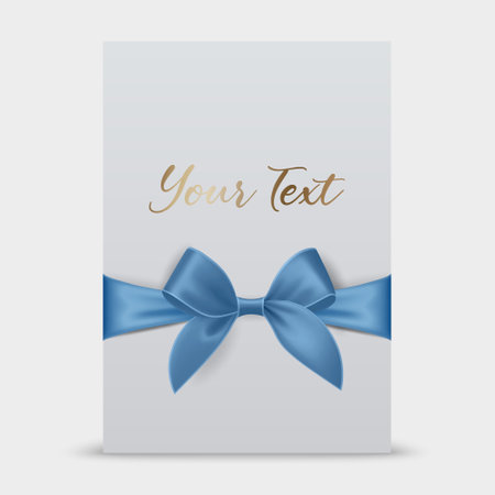 Vector 3d Realistic Blue Gift Ribbon and Bow with White Greeting Card Background. Bow Design Template, Concept for Birthday, Christmas Presents, Gifts, Invitation, Card, Gift Box. Holiday Decorationのイラスト素材