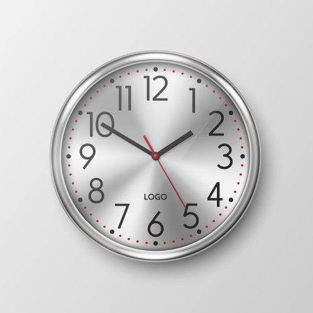 Vector 3d Realistic Simple Round Gray Silver Wall Office Clock with Steel or Chrome Metal Golden Dial Icon Closeup Isolated. Design Template, Mock-up for Branding, Advertise. Front or Top Viewのイラスト素材