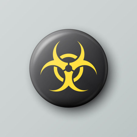 Vector 3d Realistic Round Yellow and Black Warning, Danger Biohazard, Bioweapon Nuclear Symbol Isolated. Radioactive Warning Sign, Pin Badge, Button. Design Template. Front, Top Viewのイラスト素材