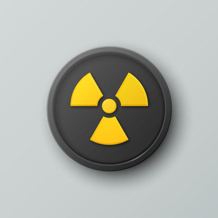 Vector 3d Realistic Round Yellow and Black Warning, Danger Nuclear Symbol Isolated. Radioactive Warning Sign, Pin Badge, Button. Design Template. Front, Top Viewのイラスト素材