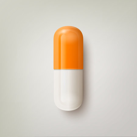 Vector 3d Realistic Orange and White Pharmaceutical Medical Pill, Capsule, Tablet on White Background. Front View. Copy Space. Medicine, Health Conceptのイラスト素材