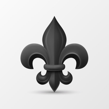 Vector 3d Realistic Black Fleur De Lis Icon Closeup Isolated on White Background. Heraldic Lily Collection, Front View. Vector Illustrationのイラスト素材