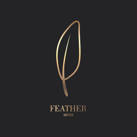 Vector Fluffy Golden Color Feather Logo Icon, Silhouette Feather Closeup Isolated. Design Template of Flamingo, Angel, Bird Feather. Lightness, Freedom Conceptのイラスト素材