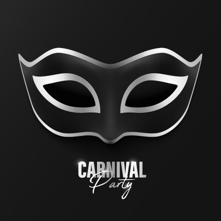 Vector 3d Realistic Black and Silver Carnival Face Mask on Black Background. Mask for Party, Masquerade Closeup. Design Template of Mask. Carnival, Party, Secret, Hero, Stranger Conceptのイラスト素材
