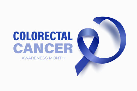 Colorectal Cancer Banner, Card, Placard with Vector 3d Realistic Dark Blue Ribbon on White Background. Colon Cancer Awareness Month Symbol Closeup. World Colorectal, Colon Cancer Day Conceptのイラスト素材