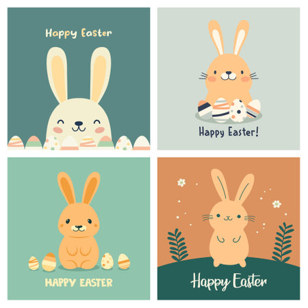 Happy Easter Card. Vector Easter Banner Set with Cute Funny Cartoon Minimalistic Rabbits and Eggs. Greeting Card, Placard for Easter Holiday with Flat Hare, Bunny. Vector Illustrationのイラスト素材
