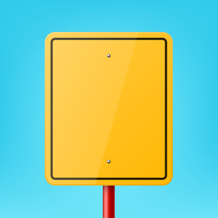 Vector Yellow Blank Rectangular Road Sign Frame Icon Closeup on Blue Background. Road Pointer Plate Design Template, Front Viewのイラスト素材
