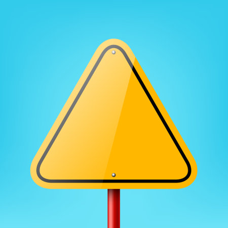 Vector Yellow Blank Triangle Road Sign Frame Icon Closeup on Blue Background. Road Pointer Plate Design Template, Front Viewのイラスト素材