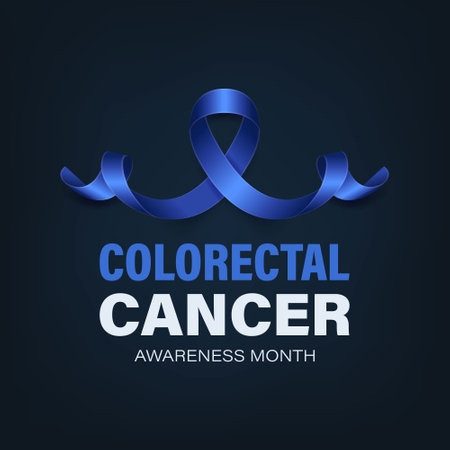 Colorectal Cancer Banner, Card, Placard with Vector 3d Realistic Dark Blue Ribbon on Dark Blue Background. Colon Cancer Awareness Month Symbol Closeup. World Colorectal, Colon Cancer Day Conceptのイラスト素材