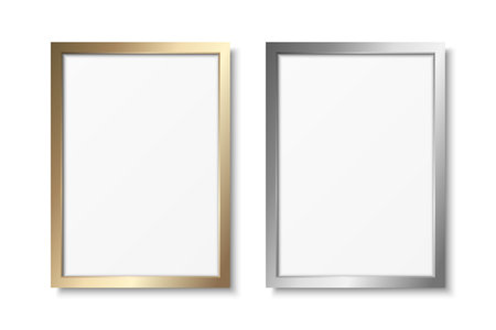 Vector 3d Realistic Yellow and Gray Metal, Golden, Silver Color Decorative Vintage Frame Set, Border Icon Closeup Isolated. Vertical A4, A5 Photo Frame Design Template for Picture, Border Designのイラスト素材