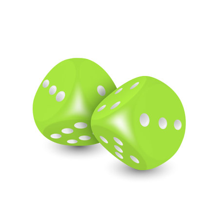 Vector 3d Realistic Green Game Dice with White Dots Set Closeup Isolated on White Background. Game Cubes Couple for Gambling in Different Positions, Casino Dices, Round Edgesのイラスト素材